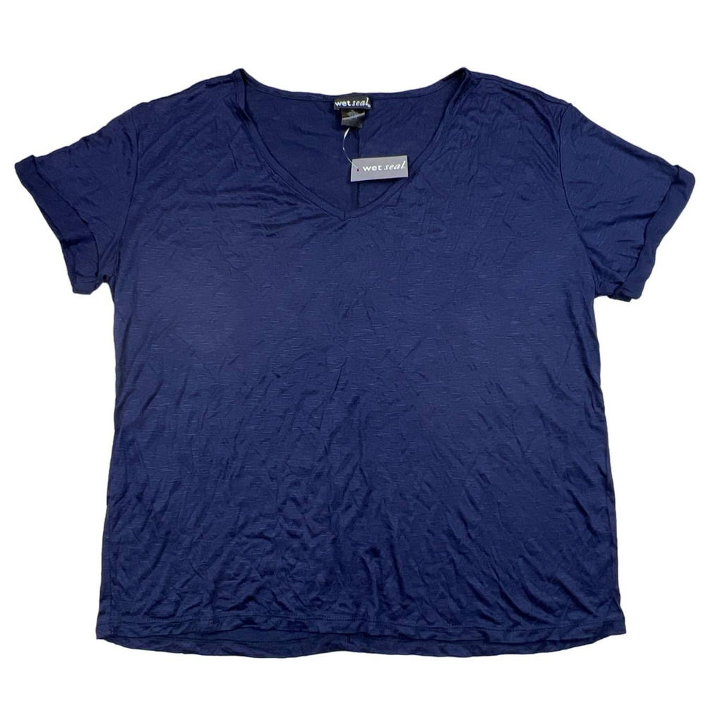 Wet Seal Women XL Navy Blue V Neck Roll Tab Short Sleeve Lightweight Casual Top